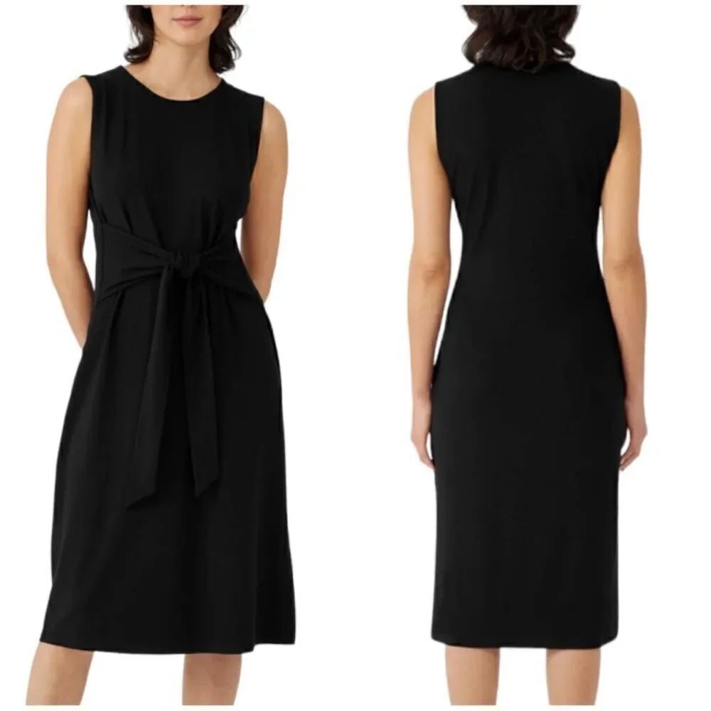 Eileen Fisher Black Jersey Tie Waist Sleeveless Side Slit Midi Dress Size XS